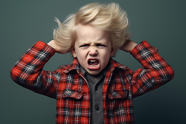 Zdjęcie wściekły mały chłopiec z blond włosami noszący szachowaną koszulę trzymający ręce na uszach