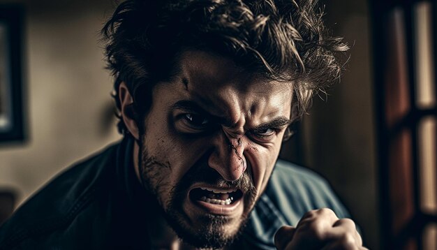 Zdjęcie wściekły mężczyzna z brodą wyraża emocjonalny niepokój w pomieszczeniu generowany przez sztuczną inteligencję