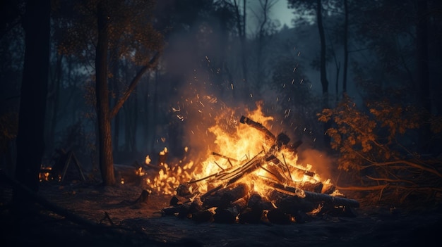 Wściekły ogień pochłania gęsty las z obfitością drewna