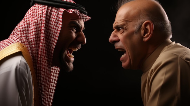 Wściekły przywódca Zatoki Arabskiej konfrontuje się z protestującym w wygenerowanym HD AI
