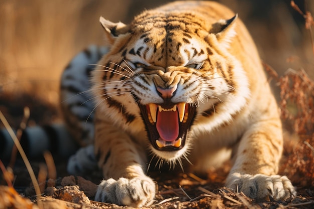 Zdjęcie wściekły tygrys z otwartą paszczą