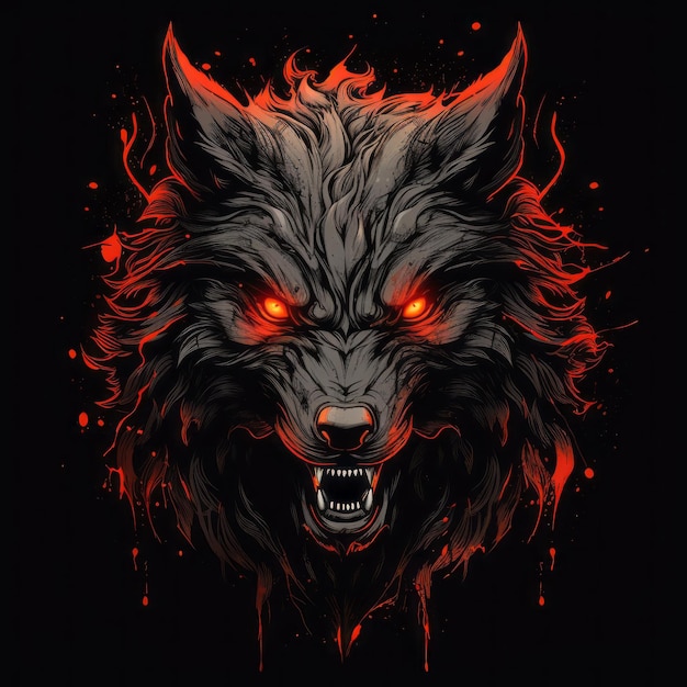 Wściekły wilk Minimalistyczna ilustracja potężnego drapieżnika na całkowicie czarnym tle