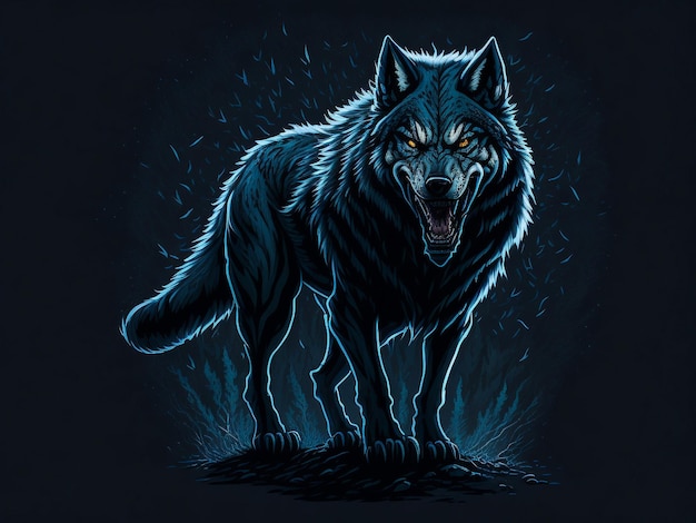 Wściekły wilk wyjący w ogniu z płomieniami i płomieniami ryczący wilk wilk z ogniem na czarnym wilku