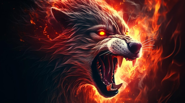 Wściekły wilk wyje w ogniu z płomieniami