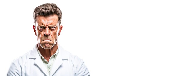 Wściekły, zdenerwowany lekarz w białych płaszczach ze stetoskopem na białym tle.