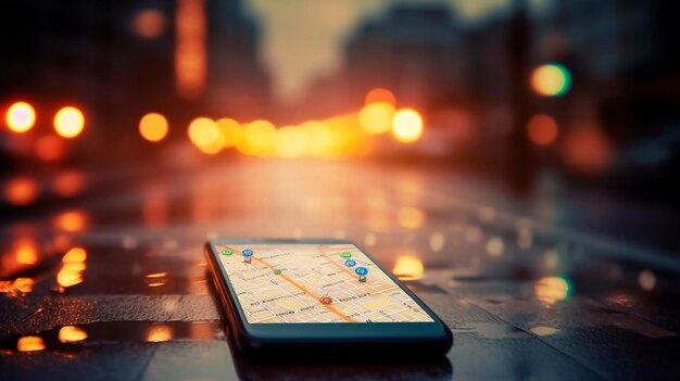 Wskaź na smartfon z ikoną nawigatora gps i mapą na niewyraźnym ruchu drogowym abstrakcyjne tło Generatywny ilustrator AI