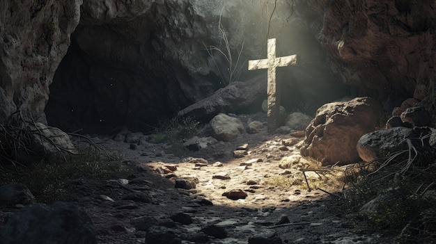 Wskrzeszony Zbawiciel pusty grób i krzyż
