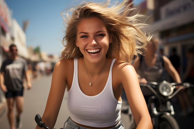 Wspaniała 20-letnia blondynka jeżdżąca na rowerze w szortkach dżinsowych i białym czołgu.