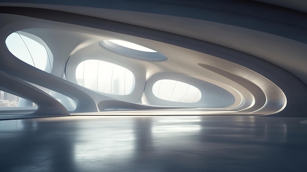 Wspaniała architektura wnętrz z nowoczesnego futurystycznego wieżowca renderowanego w 3D Generative AI
