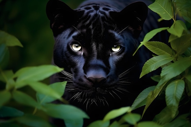 Wspaniała czarna pantera lub jaguar w tropikalnej dżungli tapeta z czarnym lampartem w lesie