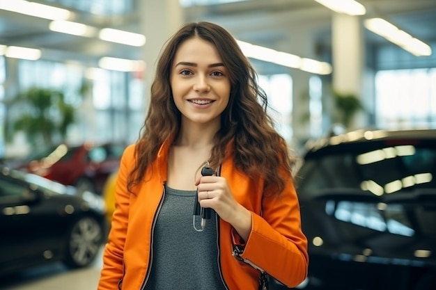 Wspaniała dziewczyna okazująca podekscytowanie kupując nowy samochód Generacyjna sztuczna inteligencja