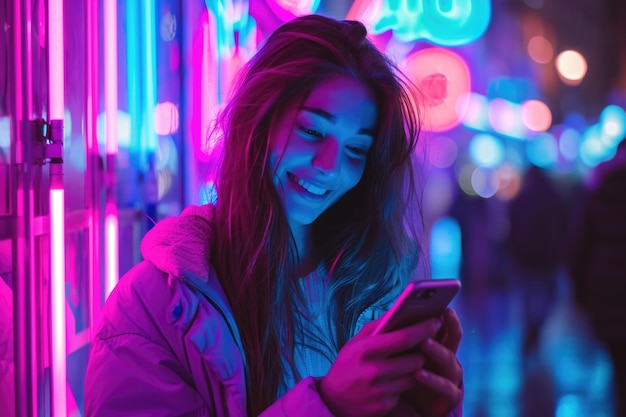 Wspaniała kobieta używająca smartfona w oświetlonym neonami mieście