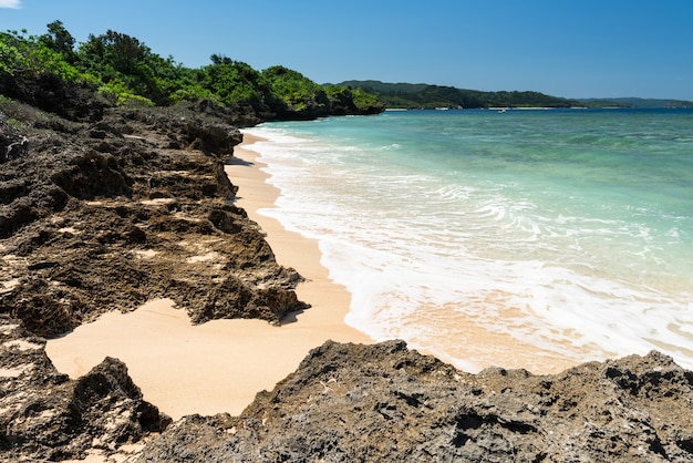 Wspaniała nadmorska plaża, szmaragdowo zielone morze nad piaskami, roślinność na przybrzeżnych skałach. Wyspa Iriomote.