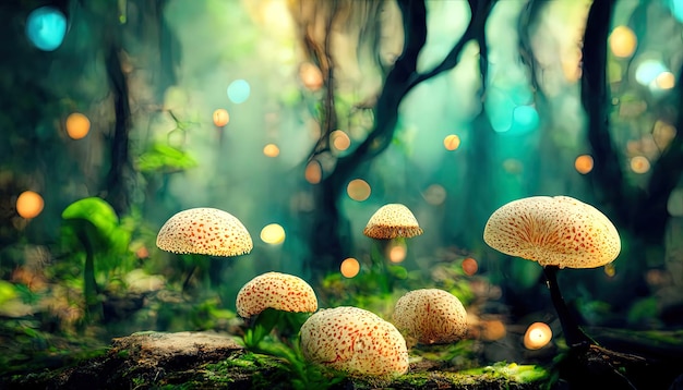 Wspaniała tapeta z grzybami Fantasy Tapeta 4K Mushroom Light Fantasy Mushroom Jungle Generative Ai