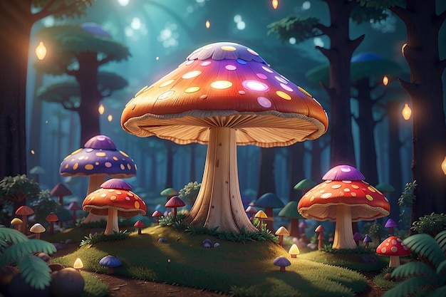 Wspaniałe duże grzyby w magicznym lesie Fantasy Mushrooms 3D render Raster ilustracja