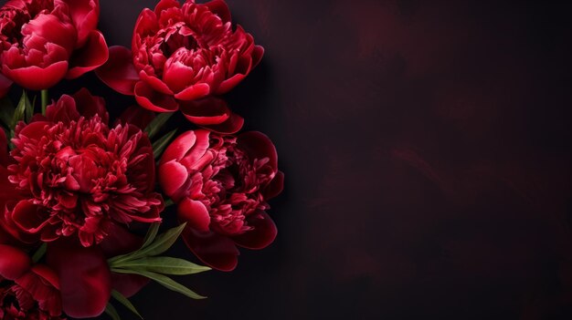 Zdjęcie wspaniałe głęboko czerwone piwonie na ciemnym tle kwiatowe tło przestrzeń do tekstu lub wzornictwa