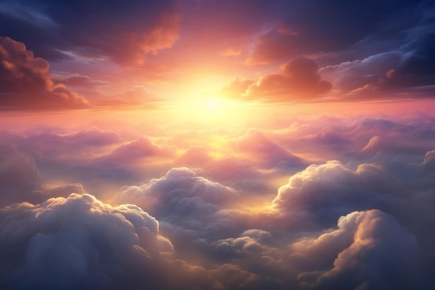 Wspaniałe niebo o zachodzie słońca nad chmurami z dramatycznym oświetleniem generatywnym AI