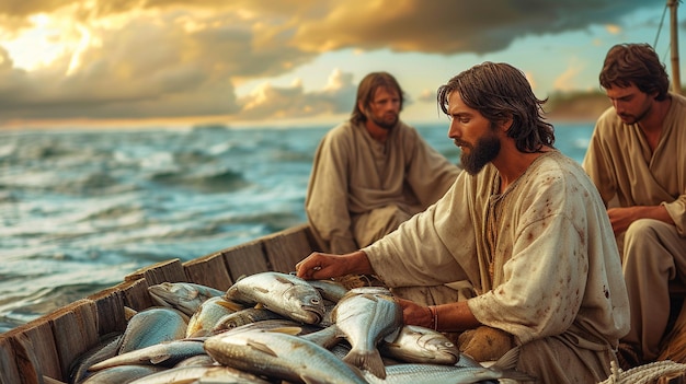 Wspaniałe zdjęcie przedstawiające spokojny moment, w którym Jezus siedzi w łodzi pełnej ryb