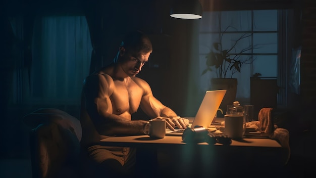 Wspaniały buff kaukaski mężczyzna bez koszuli w białym podkoszulku przy użyciu laptopa późnym wieczorem w domowym biurze Sieć neuronowa wygenerowana w maju 2023 r. Nie jest oparta na żadnej rzeczywistej osobie ani scenie