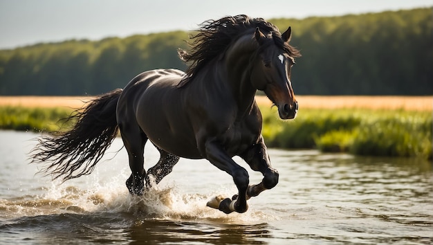 Wspaniały czarny koń biegnie w rzece w przyrodzie