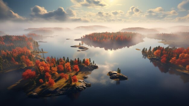 Wspaniały jesienny krajobraz leśny Archipelag w mgle 8k foto wysokiej jakości