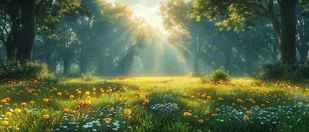 Wspaniały krajobraz Dandelions zielona trawa drzewa i kwiaty Spokojne tło światło słoneczne Piękne łąki tło