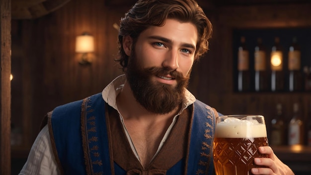 Wspaniały mężczyzna z brodą trzymający szklankę zimnego piwa Oktoberfest