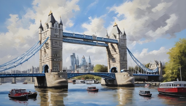 Wspaniały obraz olejny Tower Bridge, londyńskiego zabytku