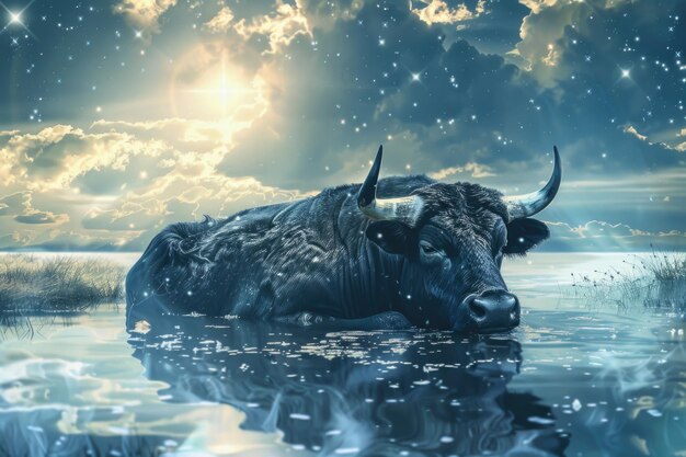 Wspaniały obraz przedstawiający potężnego byka, który z wdziękiem przepływa przez spokojną wodę