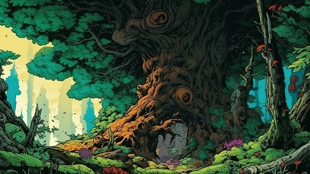 Wspaniały starożytny las z starożytnym drzewem w środku Fantazja koncepcja Ilustracja malarstwo