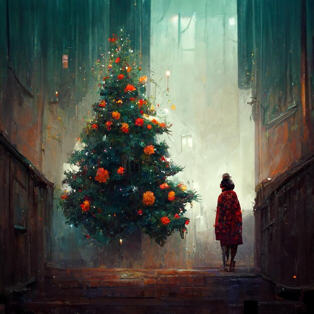Wspaniały widok na drzewo noworoczne w mroźnym wieczornym mieście
