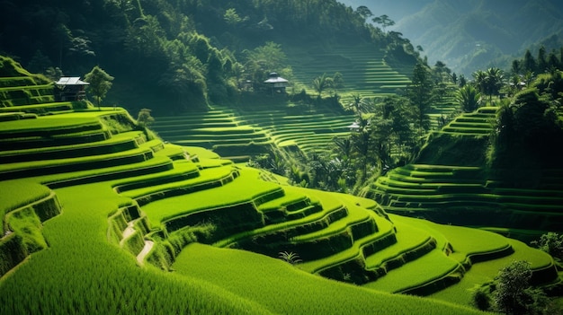 Wspaniały widok na taras ryżowy z zielonymi polami i czystym niebem