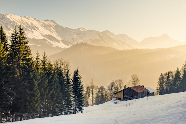 Zdjęcie wspaniały widok z drewnianej kabiny na alpejskie góry