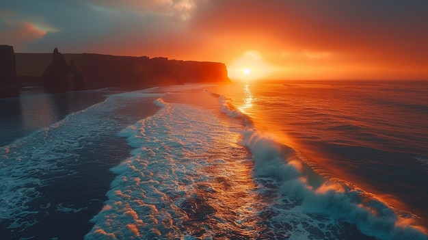 Zdjęcie wspaniały wschód słońca nad klifami reynisdrangar i falami oceanu w islandii