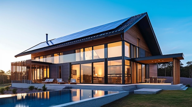 Wspaniały współczesny dom z panelami słonecznymi na szczycie GENERATE AI
