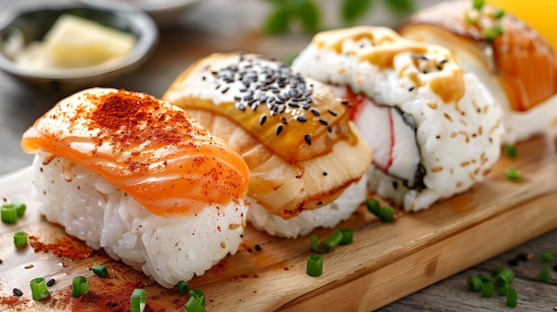 Wspaniały wybór sushi na drewnianej tablicy dla kulinarnych przysmaków Doskonały dla menu restauracji i blogów gastronomicznych Świeże składniki i żywe kolory na wyświetlaczu AI