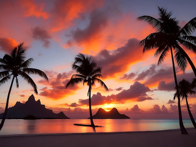 Wspaniały zachód słońca nad horyzontem Bora Bora w Polinezji Francuskiej