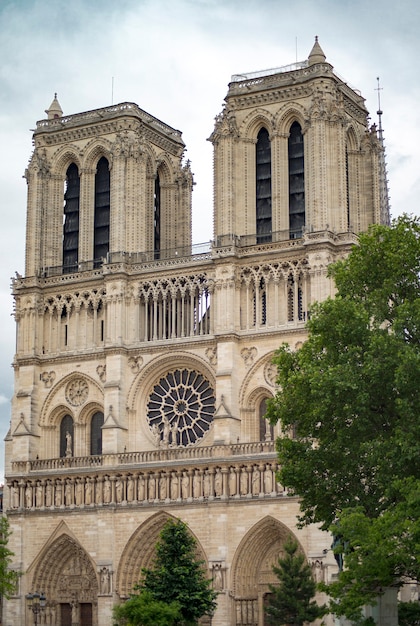 Zdjęcie wspaniały zachód słońca nad katedrą notre dame z podpuchniętymi chmurami, paryż, francja. gotycka katedra katolicka z rozetą i gargulcem