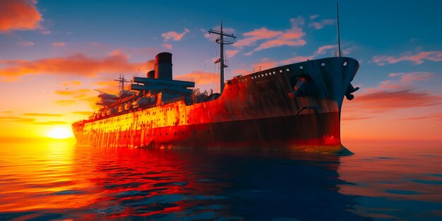 Wspaniały zachód słońca ze starym statkiem