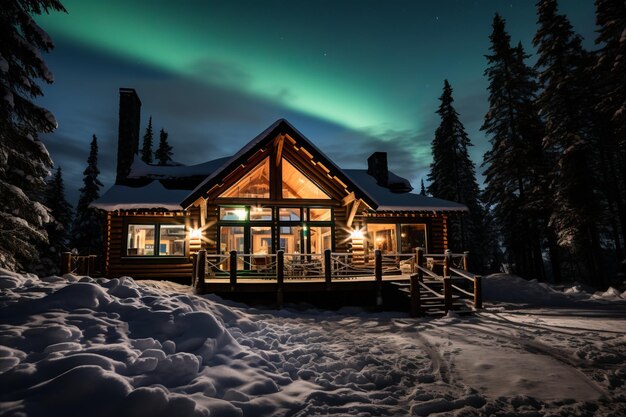 Wspaniały zimowy kraj cudów Przyjemny dom oświetlony hipnotyzującym światłem północnym w śnieżnym krajobrazie
