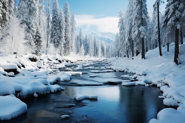 Wspaniały zimowy krajobraz, spokojna zamarznięta rzeka otoczona lasem iglastym.
