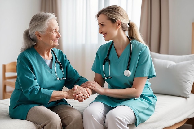 Wsparcie opiekunki z starszą kobietą i trzymanie się za ręce do opieki w pomieszczeniach Konsulting emerytalny i profesjonalna pielęgniarka z starszą osobą uśmiechając się razem do opieki zdrowotnej w domu opieki