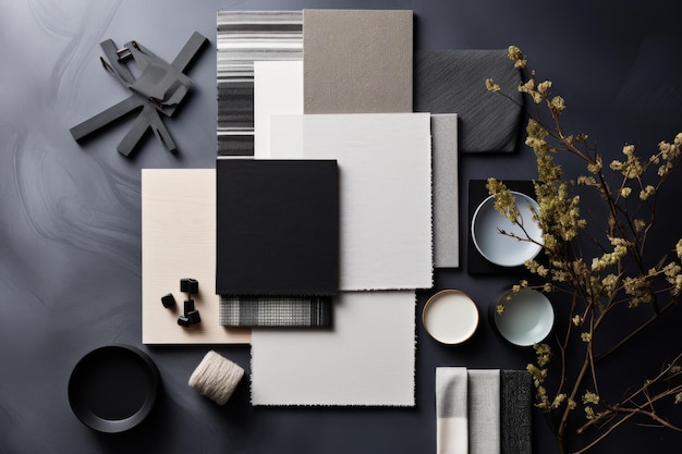 Zdjęcie współczesna elegancja wyrafinowana szara i czarna tablica nastroju dla architektów i projektantów wnętrz