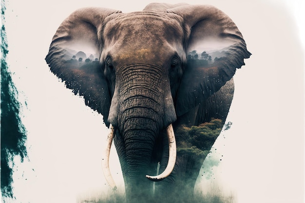 Współczesna grafika abstrakcyjna podwójna ekspozycja słonia i natury