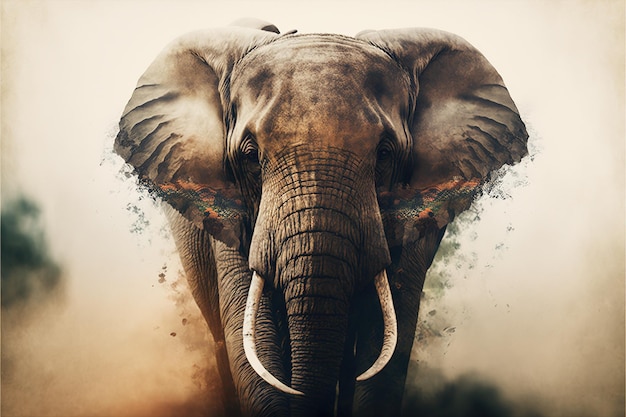 Współczesna grafika abstrakcyjna podwójna ekspozycja słonia i natury
