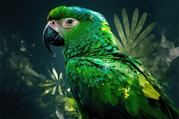 Współczesna grafika abstrakcyjna podwójna ekspozycja zielonej papugi i lasu