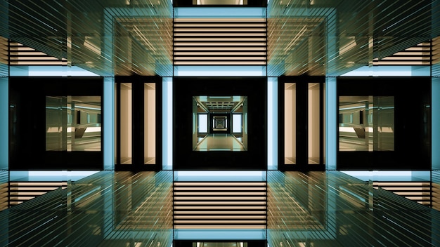 Współczesna ilustracja 3D tunelu 4K UHD z nowoczesnym futurystycznym designem i odbiciem na szklanej powierzchni w kreatywnym symetrycznym stylu