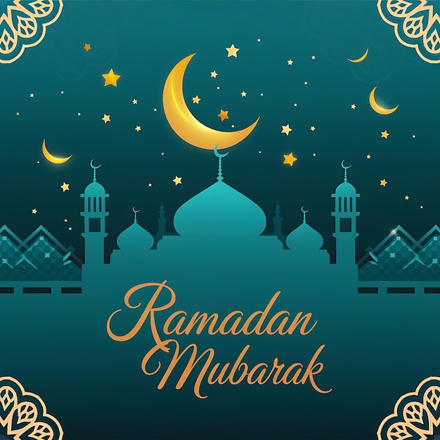 Współczesna ilustracja Ramadan Mubarak Złoty półksiężyc Księżyc Meczet Złożone wzory Teal BG