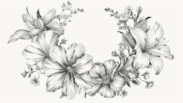 Współczesna ilustracja wieńca kwiatowego z wiosennymi kwiatami Czarno-biały