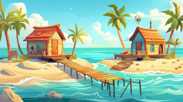 Współczesna ilustracja z kreskówki szpatnego domku bungalow na brzegu piaskowym Tropikalna wyspa fale wody oceanicznej myją piaszczyste wybrzeże egzotyczne palmy drewniany most łączący szpatny domek bungalow z brzegiem